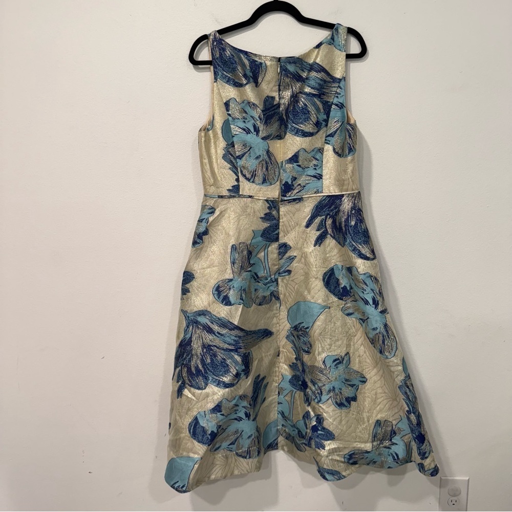 Adrianna Papell Blue Floral Gold Metallic Square Neck Midi Dress 14 - Picture 6 of 6